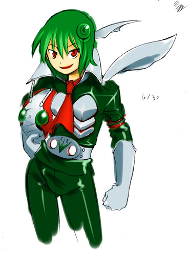 kagehito, kamen rider v3, kazami yuuka, kamen rider, kamen rider v3 (series), touhou, lowres, 1girl, armor, cosplay, double typhoon (v3), female focus, gloves, green hair, helmet, name connection, red eyes, rider belt, scarf, short hair, solo, unworn headwear, unworn helmet