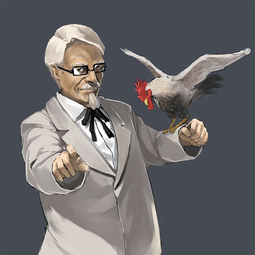 kuroko (piii), colonel sanders, code geass, kfc, 1boy, animal, animal on arm, bird, bird on arm, chicken, formal clothes, geass, glasses, male focus, parody, pointing, solo, string tie, white hair