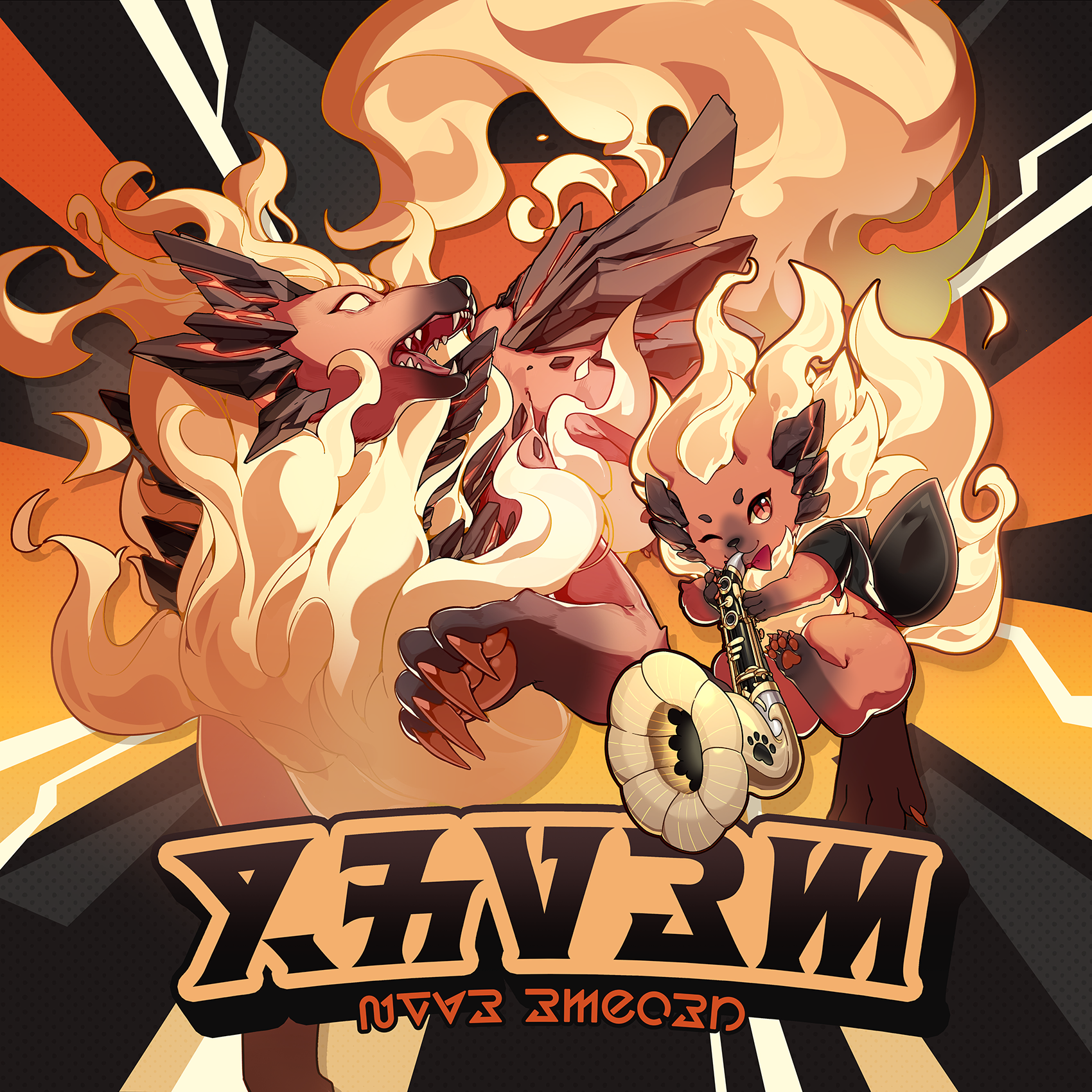 stella sora, game cg, highres, non-web source, official art, album cover, animal focus, cover, instrument, looking at viewer, music, no humans, one eye closed, open mouth, orange background, playing instrument, red eyes, saxophone, slit pupils, smile, wolf