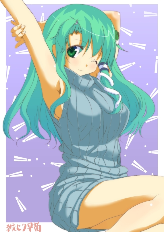 advenchara, kochiya sanae, touhou, commentary request, 1girl, alternate costume, armpits, breasts, closed mouth, dress, feet out of frame, frog hair ornament, green eyes, green hair, grey sweater, hair ornament, hair tubes, large breasts, long hair, looking at viewer, one eye closed, purple background, single hair tube, sitting, sleeveless, sleeveless turtleneck, smile, snake hair ornament, solo, sweater, sweater dress, turtleneck, turtleneck sweater, yokozuwari