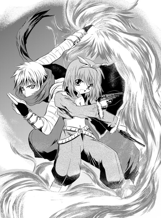 advenchara, gunslinger (ragnarok online), ninja (ragnarok online), ragnarok online, commentary request, 1boy, 1girl, 2000s (style), arm wrap, bow hairband, dual wielding, feet out of frame, fur-trimmed sleeves, fur trim, greyscale, gun, hairband, handgun, holding, jacket, kuji-in, long sleeves, looking at viewer, monochrome, ninja, open clothes, open jacket, open mouth, pants, scarf, shirt, short hair, smile, v-shaped eyebrows, weapon