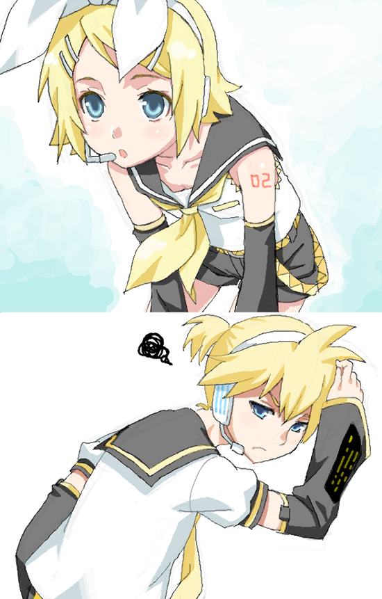 mattaku mousuke, kagamine len, kagamine rin, vocaloid, 1boy, 1girl, blonde hair, blue eyes, brother and sister, hand on own head, number tattoo, school uniform, serafuku, siblings, tattoo, twins