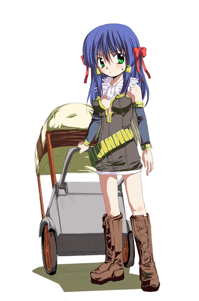 advenchara, alchemist (ragnarok online), ragnarok online, commentary request, 1girl, 2000s (style), blue hair, boots, bow, breasts, brown boots, closed mouth, detached sleeves, dress, full body, fur collar, green eyes, grey dress, grey sleeves, hair bow, long hair, looking at viewer, medium breasts, pullcart, red bow, short dress, simple background, solo, standing, strapless, strapless dress, v-shaped eyebrows, white background