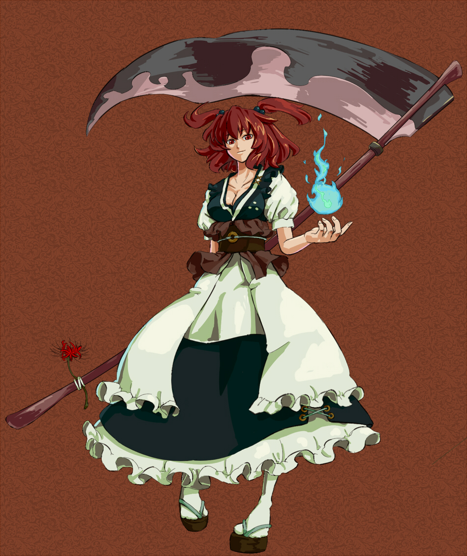 shibasaki shouji, onozuka komachi, touhou, bad id, bad pixiv id, 1girl, arm behind back, breasts, cleavage, female focus, flower, large breasts, red eyes, red flower, red hair, scythe, simple background, solo, spider lily, twintails, two side up