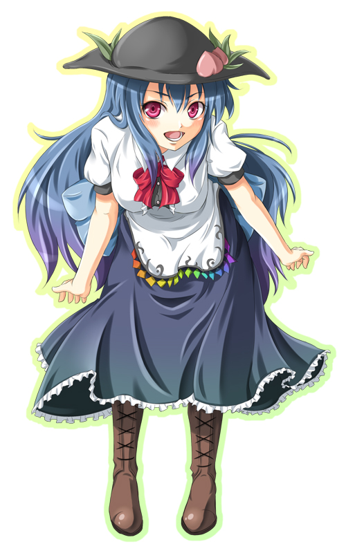 mochi.f, hinanawi tenshi, touhou, bad id, bad pixiv id, 1girl, blue hair, boots, breasts, female focus, food, fruit, full body, gradient background, hat, long hair, open mouth, peach, red eyes, solo