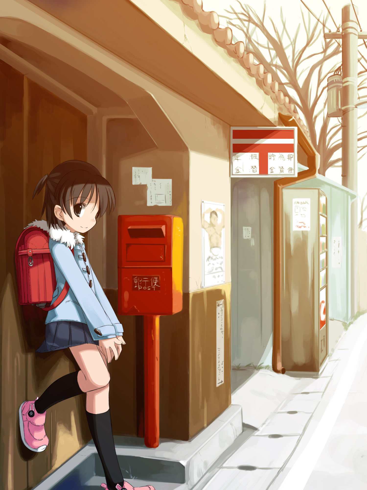 shouji ayumu, original, highres, 1girl, against wall, backpack, bag, black socks, brown hair, coat, female focus, fur trim, japanese postal mark, kneehighs, outdoors, postbox, randoseru, shoes, short hair, skirt, sneakers, socks, solo, toggles