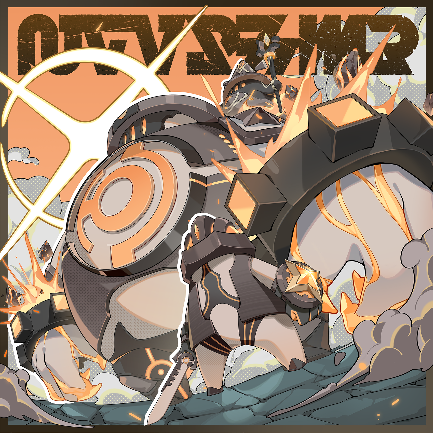 stella sora, game cg, highres, non-web source, official art, album cover, arm shield, cover, dust cloud, glint, golem, holding, holding sword, holding weapon, no humans, on shoulder, orange background, sword, weapon
