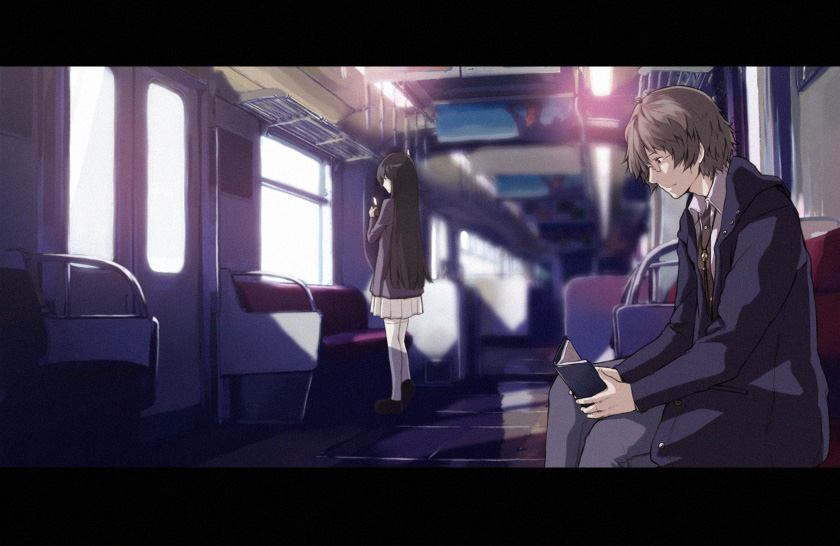 tokunou shoutarou, original, 1boy, 1girl, book, brown hair, glasses, letterboxed, loafers, long hair, profile, school uniform, serafuku, shoes, sitting, standing, thighhighs, train, train interior, vanishing point, white thighhighs