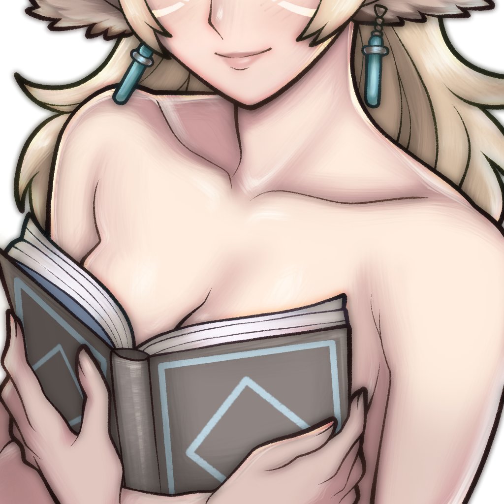 rotomdocs, neilnail (xenoblade), xenoblade chronicles (series), xenoblade chronicles x, 1girl, animal ears, blonde hair, boobs in book (meme), book, breasts, earrings, eyes out of frame, facial mark, facing viewer, head out of frame, holding, holding book, jewelry, long hair, meme, open book, simple background, small breasts, smile, solo, upper body, white background