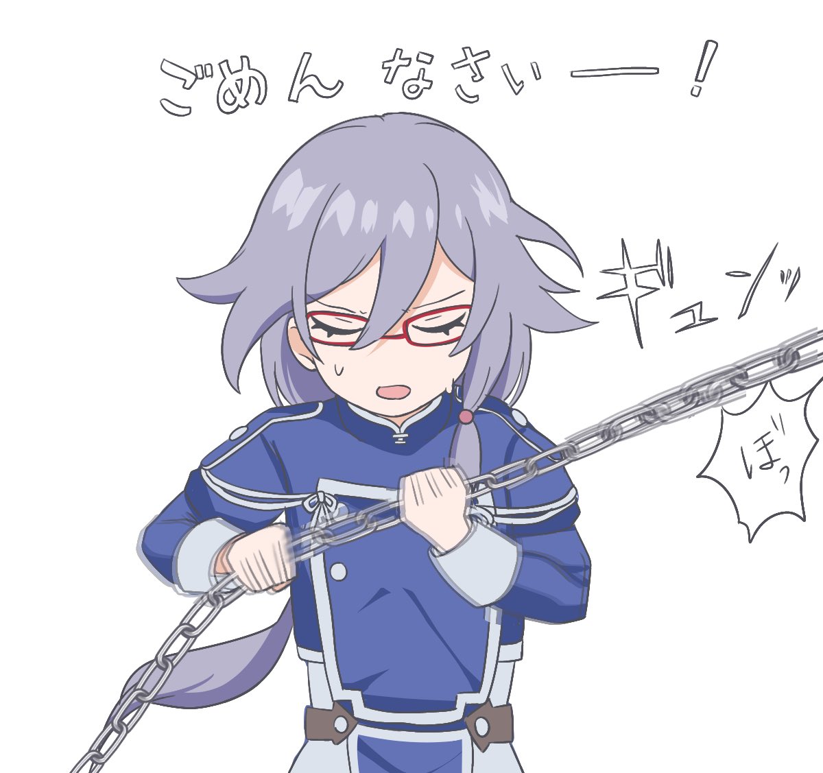 fu hua, honkai (series), honkai impact 3rd, commentary request, translation request, 1girl, blue dress, chain, closed eyes, dress, glasses, grey hair, hair between eyes, heiwaninetaina, holding, long hair, long sleeves, motion blur, open mouth, red-framed eyewear, simple background, solo, sweat, very long hair, white background