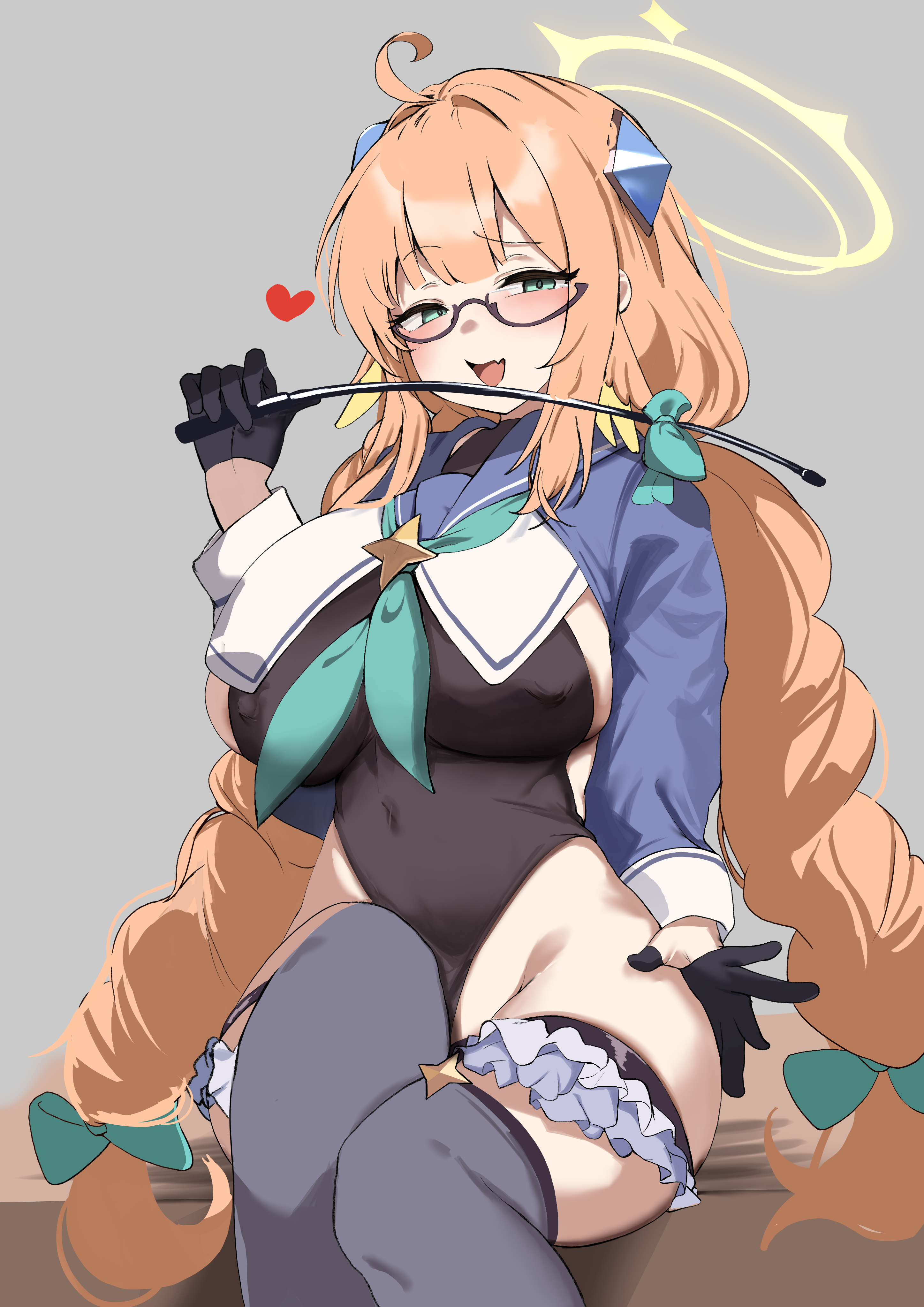horin, shimiko (blue archive), shimiko (magical) (blue archive), blue archive, absurdres, commentary request, highres, 1girl, ahoge, aqua bow, aqua eyes, aqua neckerchief, black-framed eyewear, black leotard, blue shrug, blush, bow, braid, breasts, fang, feather hair, feathers, gloves, grey background, grey thighhighs, hair bow, half gloves, halo, holding, holding riding crop, large breasts, leotard, long hair, looking at viewer, low twin braids, neckerchief, official alternate costume, official alternate hairstyle, open mouth, orange hair, purple shrug, riding crop, semi-rimless eyewear, shrug (clothing), simple background, skin fang, smile, solo, super highleg, thick thighs, thighhighs, thighs, twin braids, yellow feathers, yellow halo