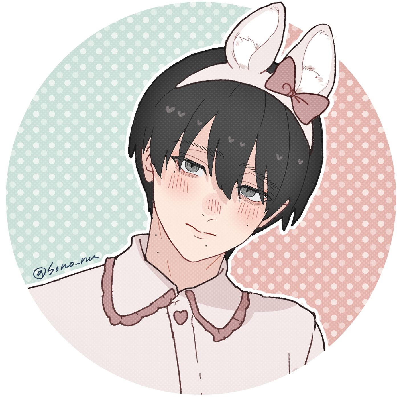 sono nu, tsujinaka yoshiki, hikaru ga shinda natsu, commentary request, highres, 1boy, alternate costume, animal ears, black hair, blush, fake animal ears, grey eyes, looking at viewer, male focus, mole, mole on cheek, mole on neck, mole under eye, mole under mouth, multiple moles, nose blush, outline, polka dot, profile picture, rabbit ears, short hair, slit pupils, solo, twitter username, upper body, white outline