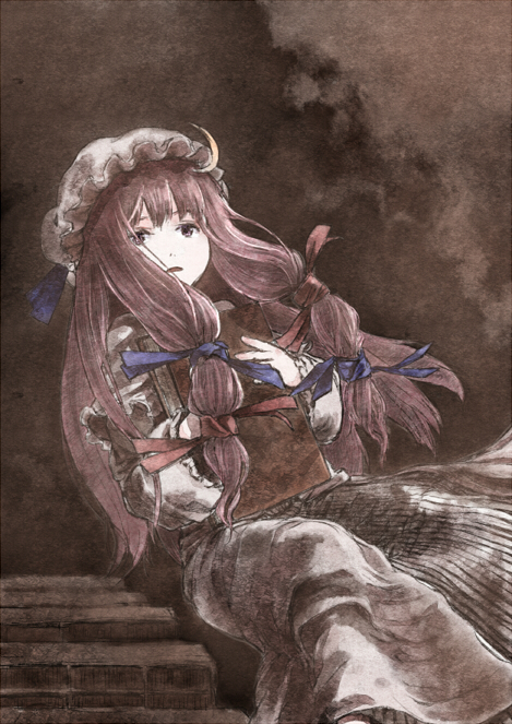 maiku, makaroni taisa, patchouli knowledge, touhou, 1girl, blue ribbon, book, bow, crescent, crescent hair ornament, dress, female focus, frills, hair ornament, hair ribbon, hat, holding, holding book, long hair, long sleeves, looking at viewer, mob cap, open mouth, purple eyes, purple hair, red ribbon, ribbon, solo