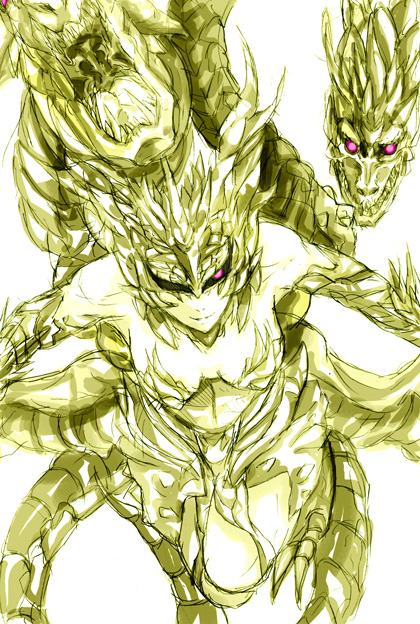 madara, madara inosuke, keizer ghidorah, king ghidorah, godzilla: final wars, godzilla (series), toho, touhou, 1girl, alien, breasts, dragon, female focus, glowing, glowing eyes, hydra, monochrome, monster girl, personification, space monster, spot color, yellow theme