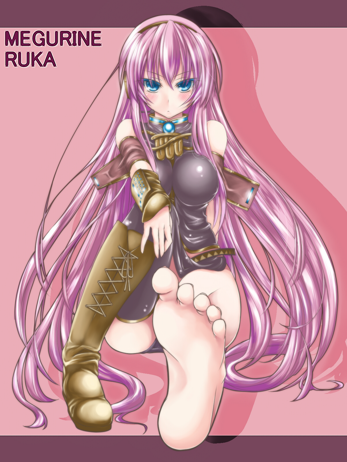paopao, megurine luka, vocaloid, bad id, bad pixiv id, highres, 1girl, barefoot, boots, detached sleeves, feet, female focus, foot focus, foreshortening, headset, long hair, looking at viewer, pink hair, shoes, single shoe, sitting, soles, solo, toes