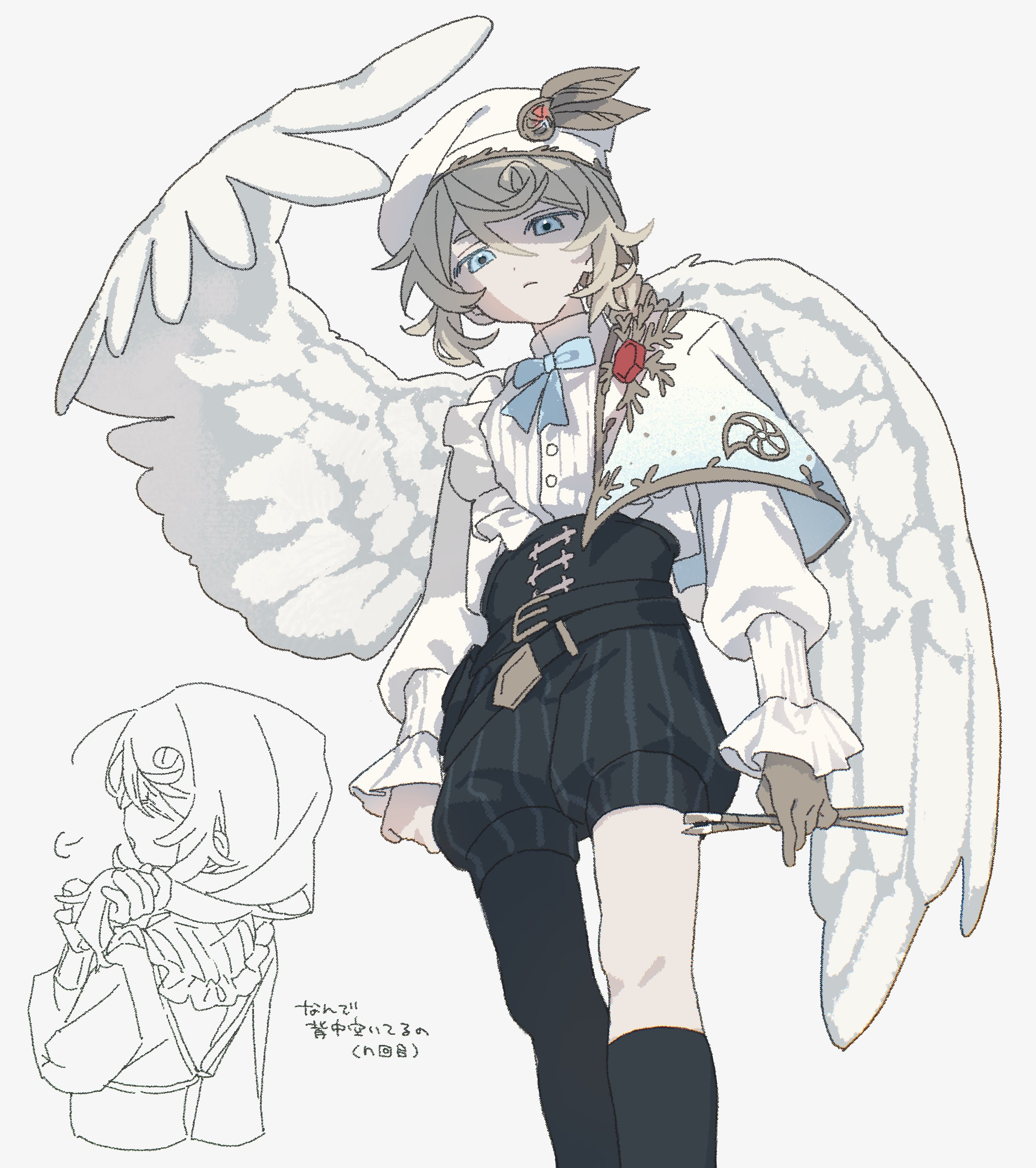 u0el t, edgar valden, edgar valden (golden ratio), identity v, absurdres, highres, 1boy, angel wings, asymmetrical legwear, back cutout, belt, beret, black corset, black shorts, black socks, blue bow, blue bowtie, blue eyes, bow, bowtie, capelet, center frills, closed mouth, clothing cutout, corset, drill hair, drill ponytail, feathered wings, feathers, french clothes, frills, from below, gloves, gold bow, gold gloves, golden spiral, hair between eyes, hat, hat feather, holding, holding paintbrush, kneehighs, long sleeves, looking at viewer, looking down, male focus, paintbrush, puffy long sleeves, puffy shorts, puffy sleeves, shirt, short hair, shorts, single drill, single glove, socks, solo, striped clothes, striped shorts, white background, white shirt, white wings, wings