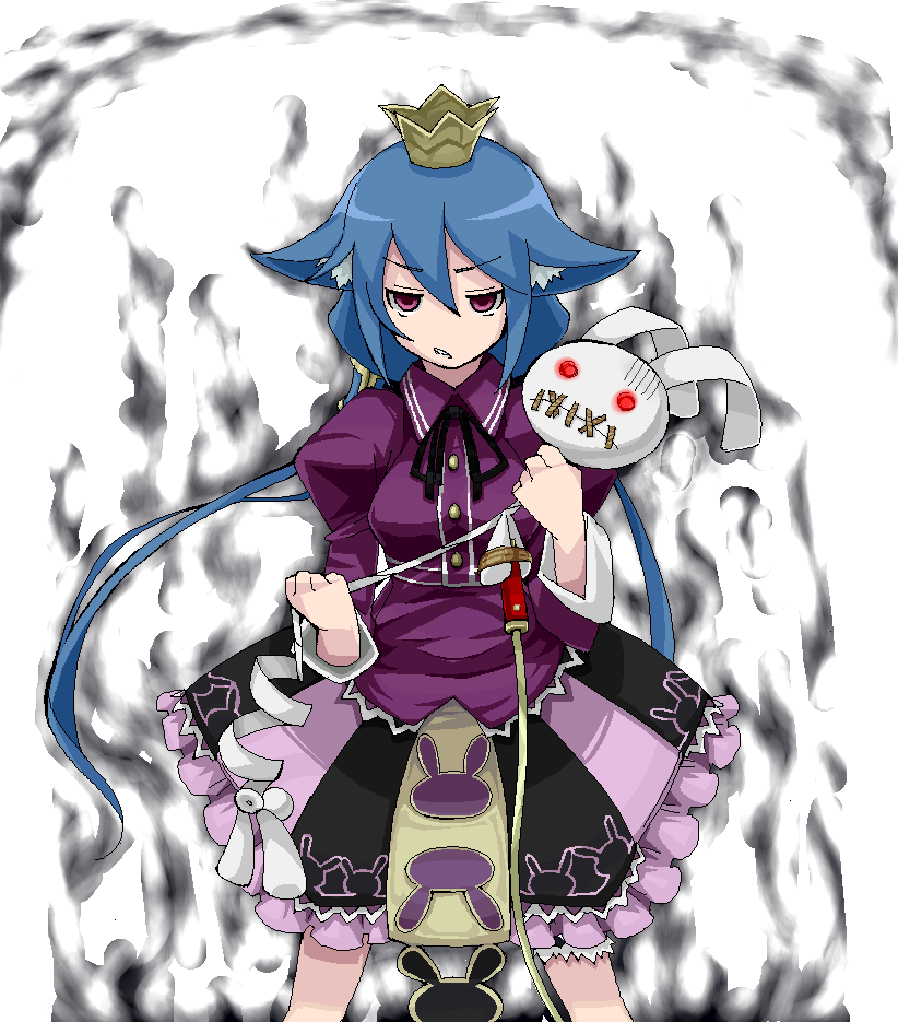 amami amayu, momomeno (7th dragon), princess (7th dragon), 7th dragon, 7th dragon (series), 1girl, animal ears, blue hair, cat ears, crown, dress, female focus, long hair, purple eyes, short hair, solo, stuffed animal, stuffed rabbit, stuffed toy, very long hair