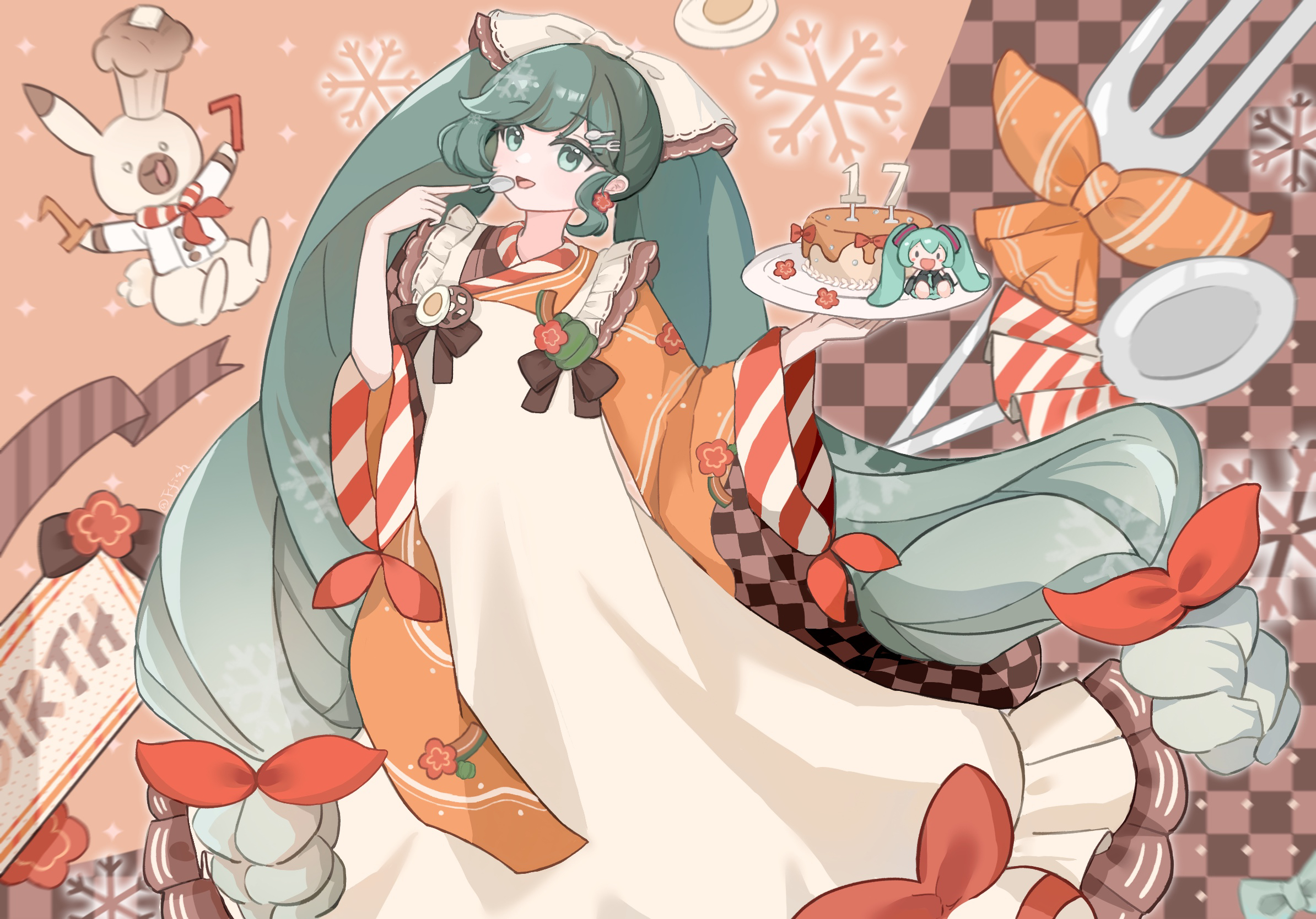 hatsune miku, rabbit yukine, yuki miku, yuki miku (2024), vocaloid, commentary request, highres, 1girl, 1other, absurdly long hair, apron, birthday cake, bow, cake, earrings, food, fork hair ornament, green eyes, green hair, hair bow, holding, holding plate, holding spoon, jacket, japanese clothes, jewelry, kimono, long hair, long sleeves, low-tied long hair, mini chef hat, official alternate costume, official alternate hairstyle, open mouth, orange kimono, plate, rabbit, smile, spoon, spoon hair ornament, twintails, very long hair, white apron, wide sleeves, yyyyyy ovo