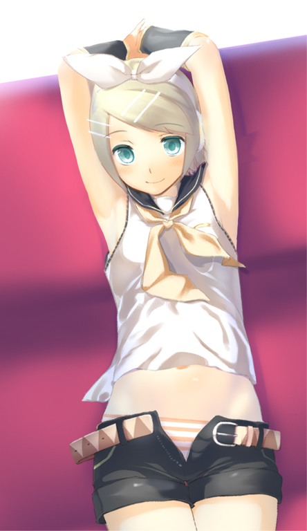 chobin, kagamine rin, vocaloid, bad id, bad pixiv id, 1girl, armpits, arms up, belt, blonde hair, blue eyes, female focus, hair ribbon, midriff, open belt, open fly, panties, ribbon, short hair, shorts, solo, striped clothes, striped panties, swept bangs, unbuckled, underwear, unzipped, zipper