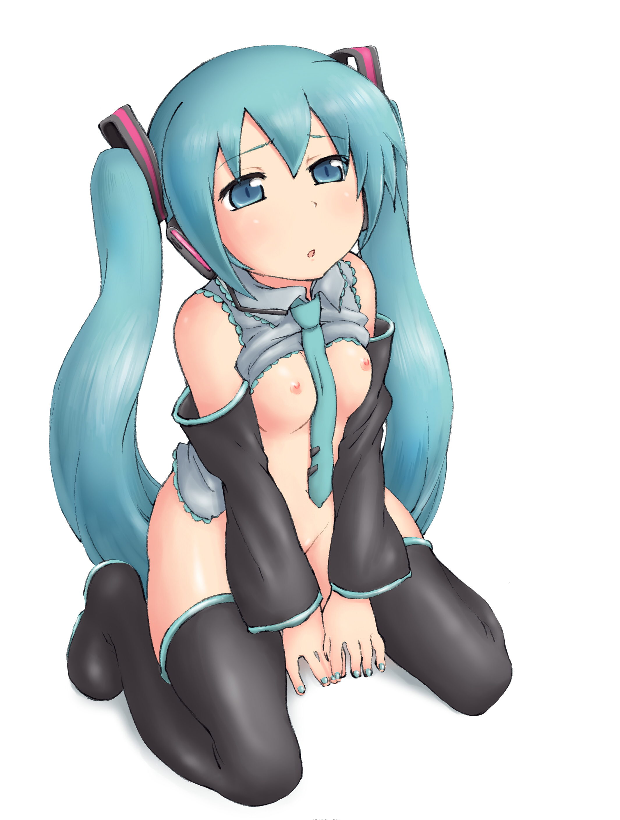 lasto, hatsune miku, vocaloid, absurdres, bad id, bad pixiv id, highres, 1girl, aqua hair, bottomless, breasts, clothes lift, female focus, from above, kneeling, loli, necktie, nipples, shirt lift, simple background, solo, thighhighs, twintails
