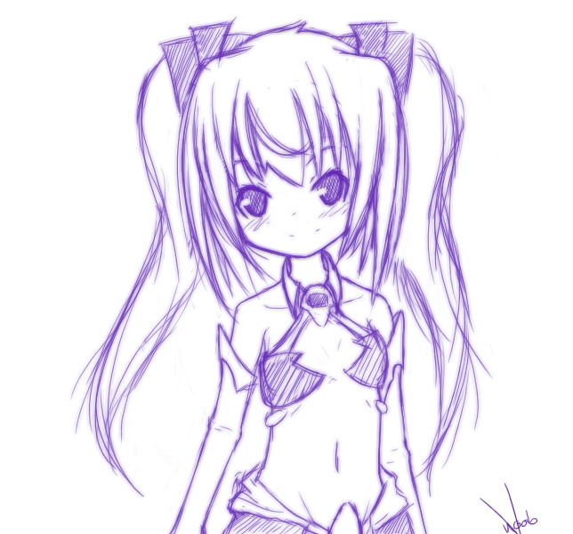 original, tagme, flat chest, monochrome, sketch, solo, twintails