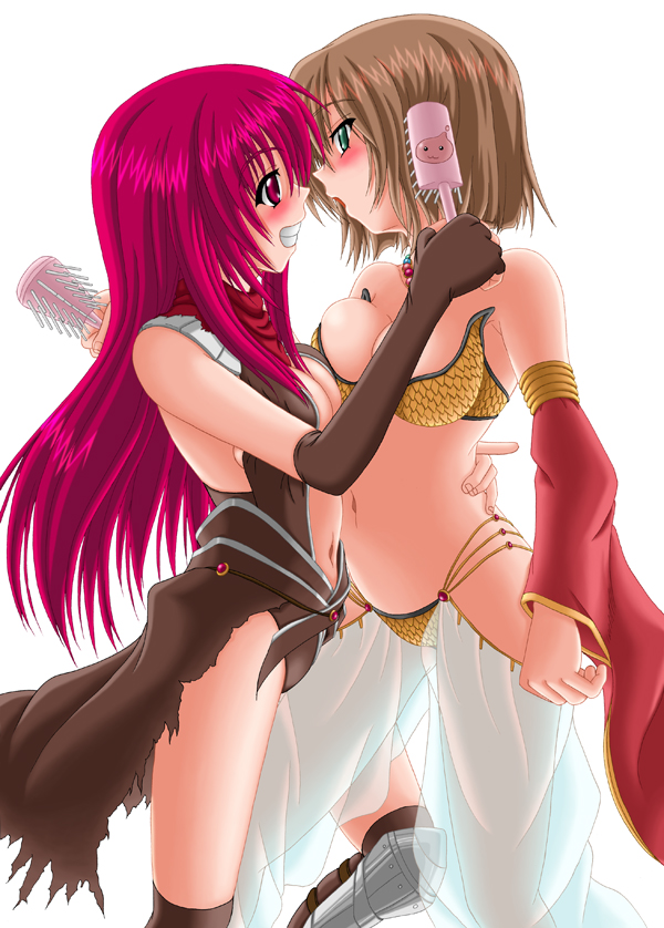 tenrai (temple), assassin cross (ragnarok online), gypsy (ragnarok online), ragnarok online, commentary request, 2000s (style), 2girls, armor, bikini, blush, breasts, brown cape, brown gloves, brown hair, brown leotard, brown socks, brushing another's hair, brushing hair, cape, cleavage, cowboy shot, detached sleeves, elbow gloves, gloves, green eyes, grin, hair brush, harem pants, holding, holding hair brush, leotard, long hair, looking at another, medium breasts, multiple girls, navel, pants, pauldrons, pink hair, red eyes, red sleeves, revealing clothes, see-through clothes, see-through pants, short hair, shoulder armor, simple background, smile, socks, strapless, strapless bikini, swimsuit, torn cape, torn clothes, waist cape, white background, white pants, yellow bikini, yuri