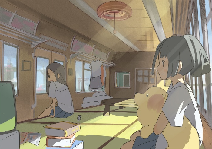 jitsu hidari, light, 2girls, baby animal, book, dog, light rays, living room, multiple girls, one eye closed, puppy, school uniform, shade, sitting, sunbeam, sunlight, tatami, train, train interior, vanishing point, wink