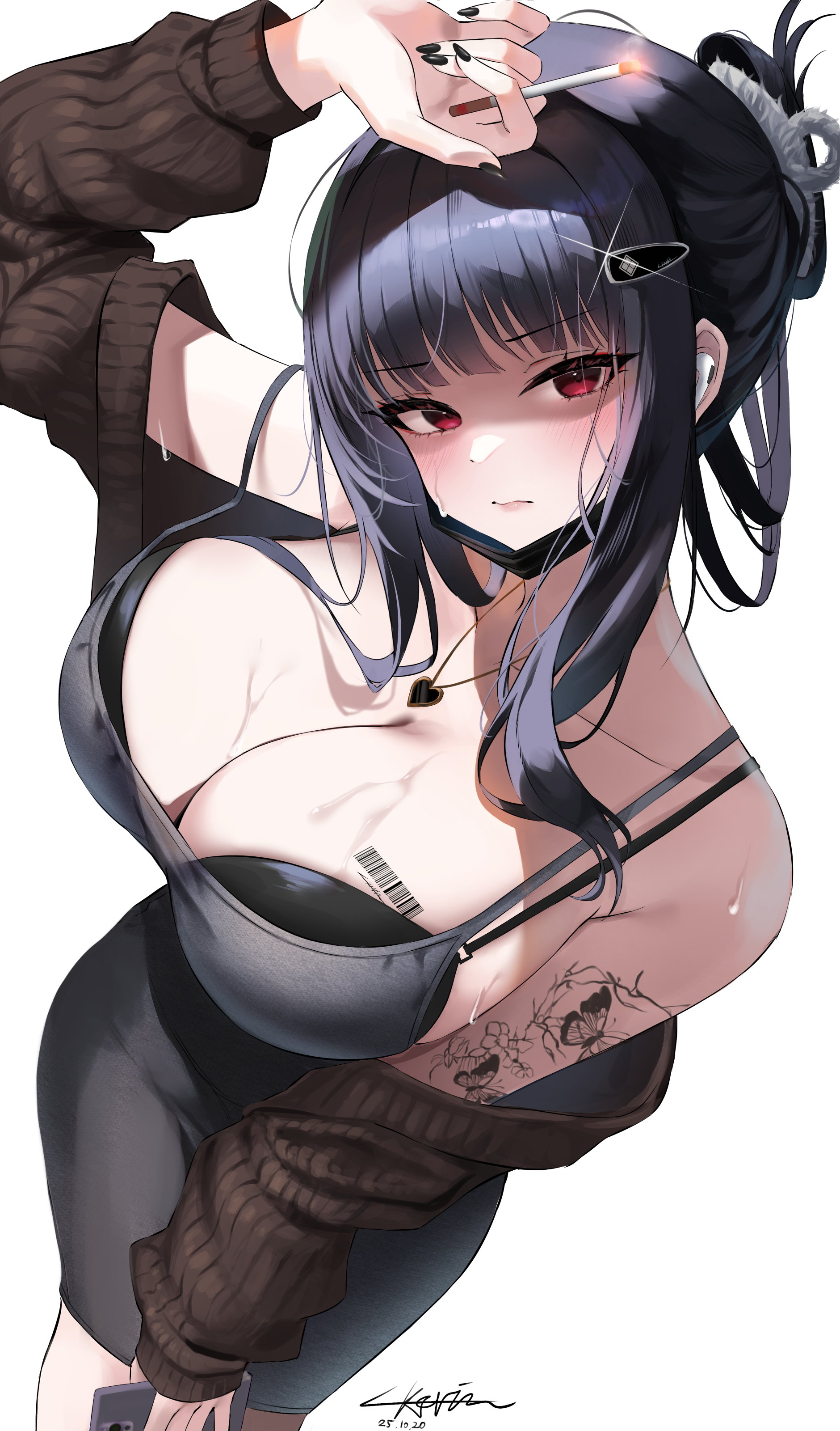 lkeris, d (killer wife) (nikke), d (nikke), goddess of victory: nikke, absurdres, hashtag-only commentary, highres, 1girl, arm up, barcode, barcode tattoo, bare shoulders, black bra, black dress, black hair, black nails, bra, breasts, brown cardigan, cardigan, cigarette, cleavage, closed mouth, dress, folded ponytail, frown, glint, hair ornament, hairclip, heart, holding, holding cigarette, holding phone, jewelry, large breasts, long hair, long sleeves, looking at viewer, mask, mask pull, mouth mask, nail polish, necklace, off shoulder, open cardigan, open clothes, phone, red eyes, shaded face, shoulder tattoo, simple background, sleeveless, sleeveless dress, solo, spaghetti strap, sweat, tattoo, underwear, white background