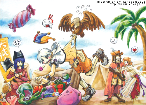 bard (ragnarok online), dancer (ragnarok online), hunter (ragnarok online), merchant (ragnarok online), poring, ragnarok online, lowres, !, !!, 2000s (style), 2005, 2boys, 2girls, anger vein, apple, artist name, axe, bald eagle, bikini, bird, black hat, blonde hair, blue hair, blue sky, box, brown eyes, brown hair, brown pants, brown shirt, brown shorts, cake, cake slice, candy, cape, cigarette, cloud, cowboy hat, cropped jacket, desert, deviruchi hat, eagle, flower, food, fruit, full body, gift, gift box, hat, heart, holding, holding axe, jacket, kokoga, long hair, multiple boys, multiple girls, open mouth, outdoors, palm tree, pants, pants under shorts, pink cape, pink flower, potion, pullcart, see-through clothes, see-through pants, shirt, short hair, short sleeves, shorts, sky, spill, spilling, spoken anger vein, spoken heart, swimsuit, tent, tree, tripping, watermark, web address, white hair, white jacket, wrapped candy, yellow bikini