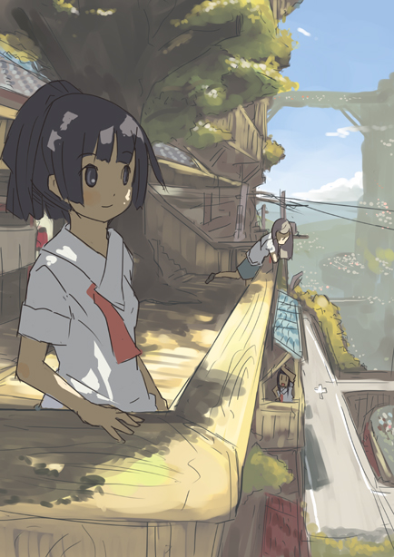 jitsu hidari, 3girls, balcony, black hair, bridge, cloud, day, multiple girls, ponytail, power lines, scenery, school, school uniform, shade, sky, sunlight, tree, tree shade