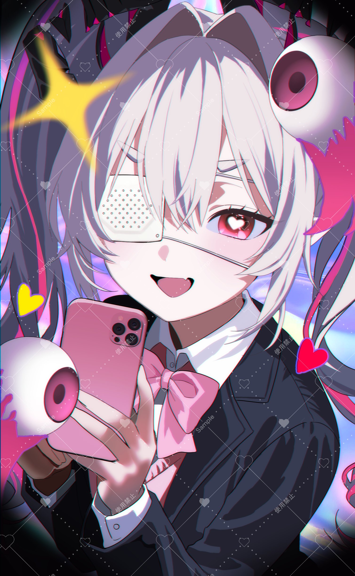 chiromi, original, absurdres, commission, highres, 1girl, black jacket, bow, bowtie, cellphone, collared shirt, eyeball, eyepatch, fang, hair intakes, heart, heart-shaped pupils, holding, holding phone, jacket, long hair, long sleeves, looking at viewer, medical eyepatch, open clothes, open jacket, open mouth, phone, red eyes, shirt, smartphone, smile, solo, sparkle, symbol-shaped pupils, thick eyebrows, twintails, upper body, white hair, white shirt