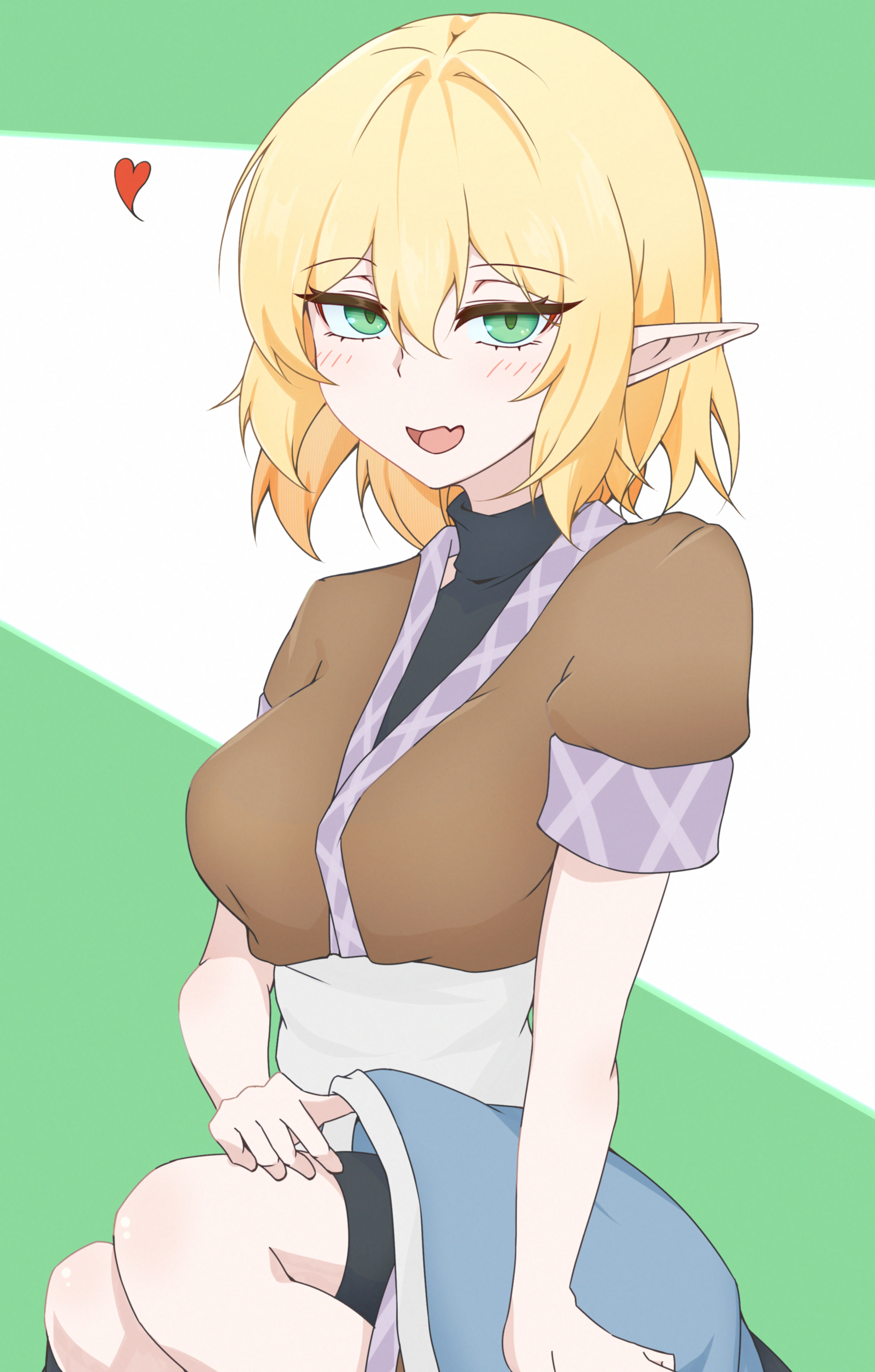 modo paru, mizuhashi parsee, touhou, absurdres, commentary request, highres, 1girl, black shirt, black shorts, blonde hair, blue skirt, blush, breasts, brown shirt, feet out of frame, green background, green eyes, heart, looking at viewer, medium breasts, open mouth, pointy ears, sash, shirt, short hair, short sleeves, shorts, skirt, smile, solo, undershirt, white background, white sash