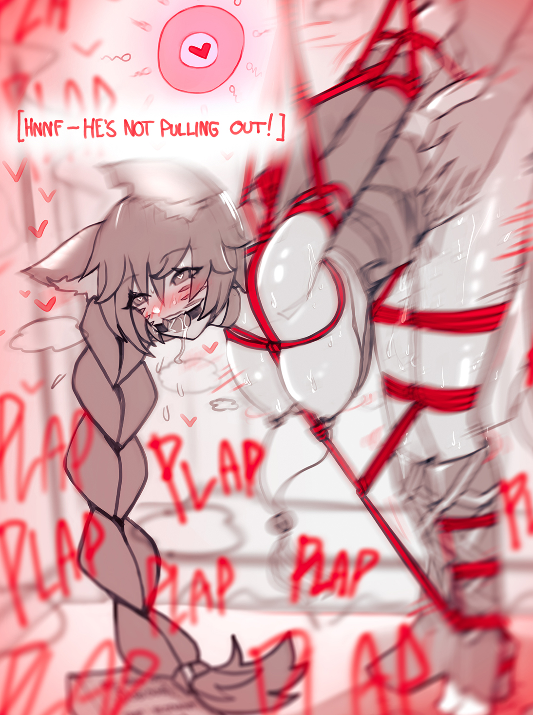 ehrrr, ahri (league of legends), league of legends, highres, 1boy, 1girl, animal ears, aroused, ball gag, bdsm, bent over, blush, bondage, book, boots, bound, bound legs, bound wrists, breasts, clothes lift, crotch rope, cum, cum in pussy, dress, dress lift, ejaculation, english text, fertilization, fox ears, fox girl, fox tail, gag, gagged, grey boots, grey dress, grey hair, greyscale, head out of frame, heart, heart-shaped pupils, heavy breathing, impregnation, internal cumshot, large breasts, legs together, long hair, looking at viewer, monochrome, motion blur, motion lines, naughty face, nipple bells, open mouth, ovum, ovum with heart, plap, pussy juice, red rope, rope, sex, sex from behind, shibari, side ponytail, sound effects, sperm cell, sweat, symbol-shaped pupils, tail, thighs, trapped, twitching, vaginal