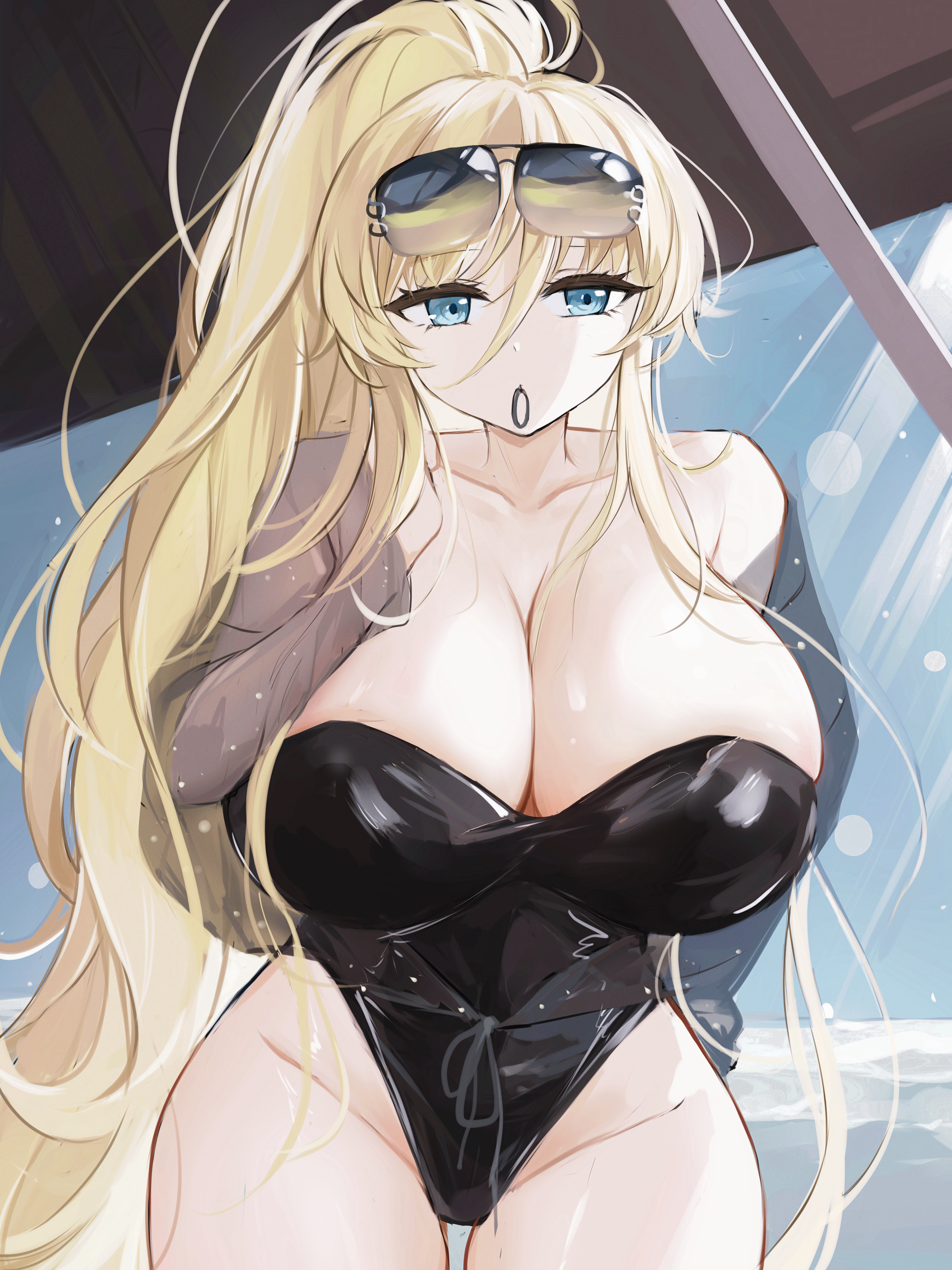 xiao feifei, bismarck (azur lane), bismarck zwei (azur lane), bismarck zwei (crystal-clear holiday) (azur lane), azur lane, absurdres, highres, 1girl, black one-piece swimsuit, blonde hair, blue eyes, breasts, casual one-piece swimsuit, cleavage, collarbone, high ponytail, highleg, large breasts, one-piece swimsuit, ponytail, solo, swimsuit