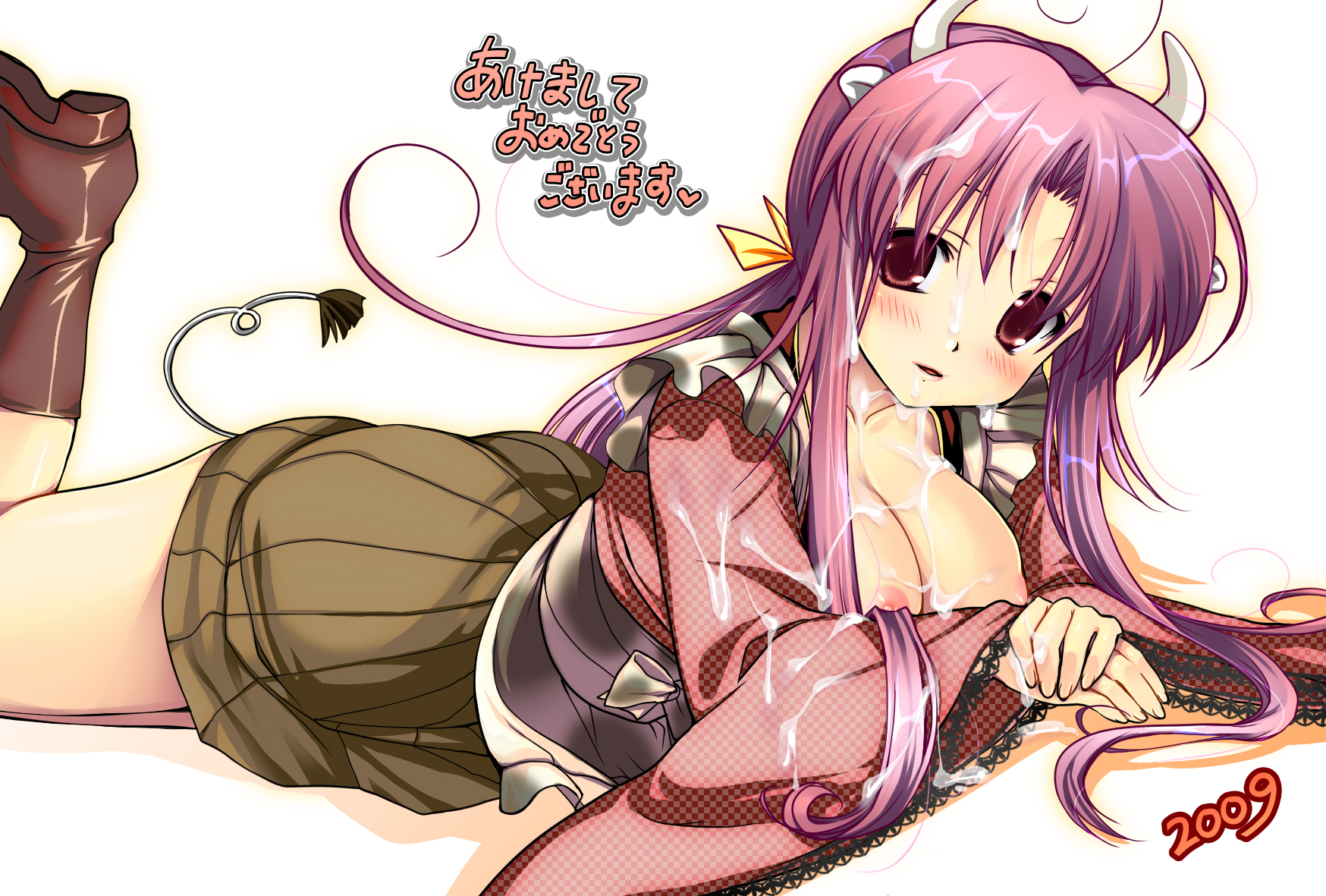 ninoko, original, bad id, bad pixiv id, highres, 00s, 1girl, 2009, animal ears, blush, boots, breasts, cow ears, cow girl, cow tail, cum, cum on body, cum on breasts, cum on clothes, cum on hair, cum on upper body, facial, female focus, horns, large breasts, long hair, lying, nipples, on stomach, pink hair, purple hair, red eyes, skirt, solo, tail