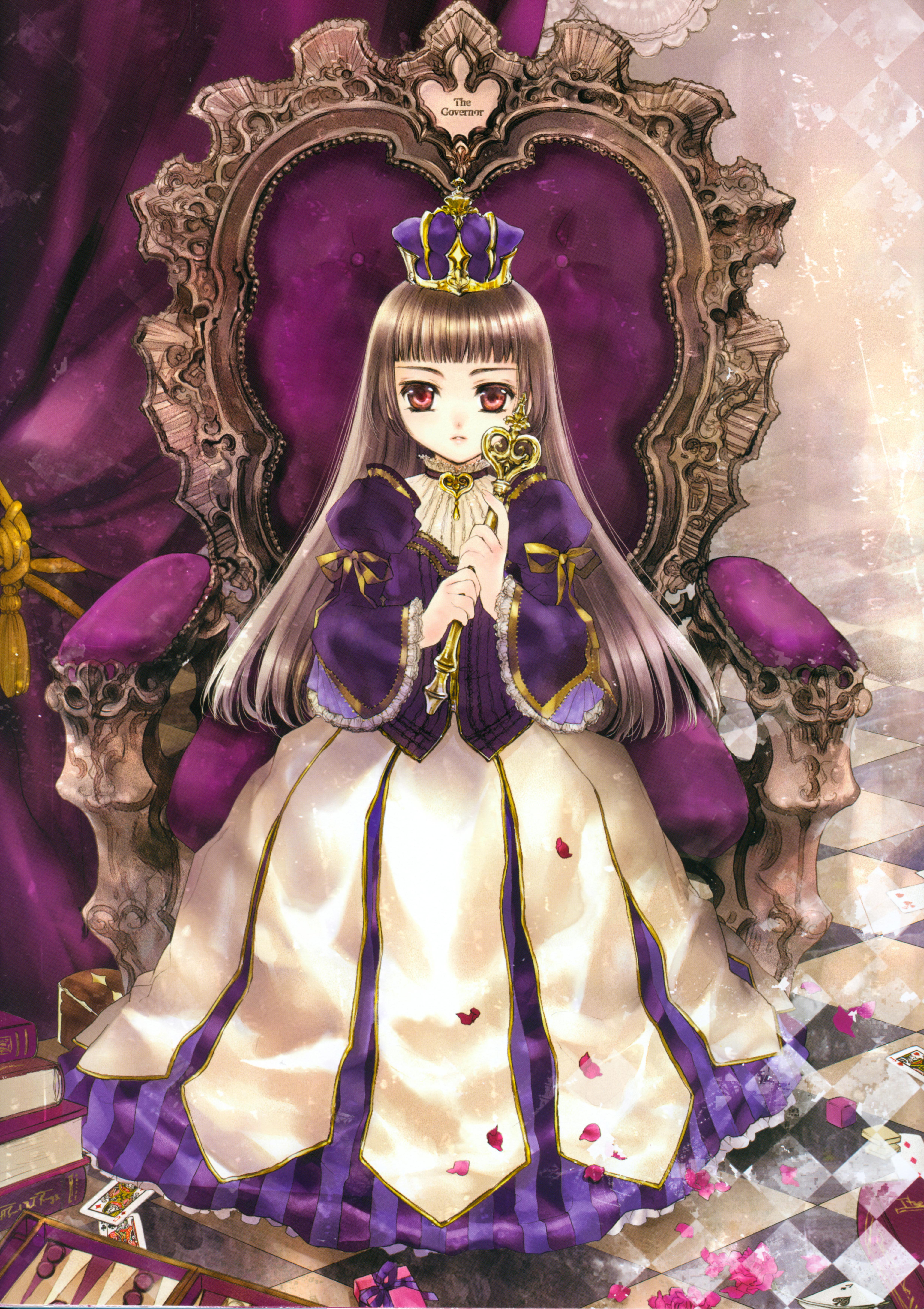 kuramoto kaya, absurdres, highres, 1girl, black hair, book, card, crown, dress, female focus, gown, long hair, petals, purple crown, red eyes, sitting, solo, throne