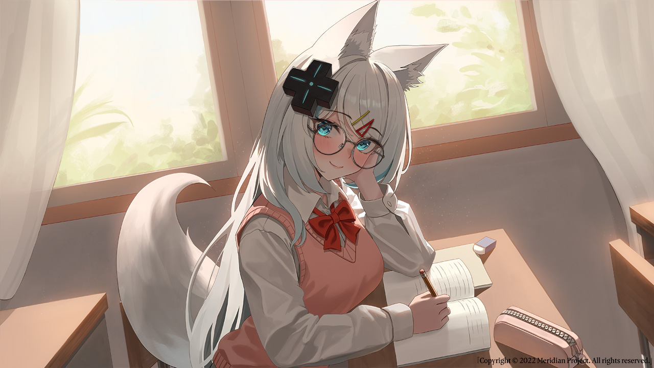 rega, mizuki (vtuber), meridian project, commentary request, 1girl, animal ear fluff, animal ears, backlighting, black-framed eyewear, blue eyes, blush, bow, bowtie, breasts, closed mouth, collared shirt, d-pad, d-pad hair ornament, desk, eraser, fox ears, fox girl, fox tail, glasses, hair ornament, hairclip, hand up, holding, holding pencil, indoors, long hair, long sleeves, looking at viewer, medium breasts, notebook, pencil, pencil case, pink sweater vest, round eyewear, school desk, school uniform, shirt, smile, solo, sweater vest, tail, virtual youtuber, white hair, white shirt, window