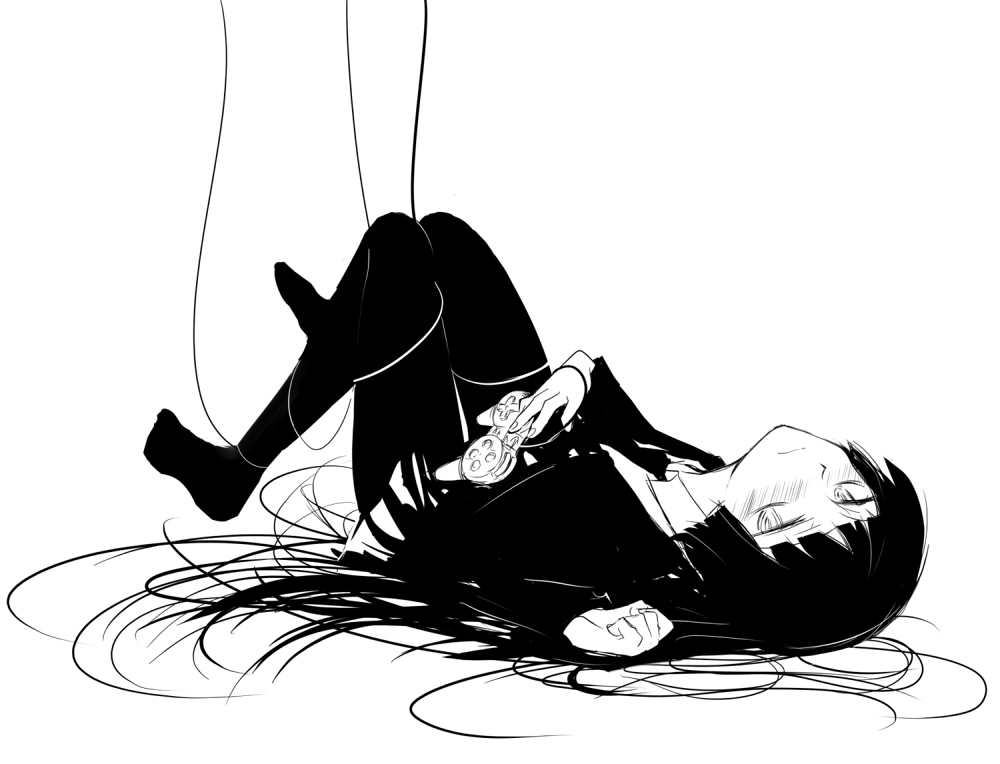 shima tokio, female protagonist (houkago play), houkago play, bad id, bad pixiv id, black hair, controller, game controller, gamepad, greyscale, long hair, lying, monochrome, pantyhose, school uniform, skirt, solo, very long hair