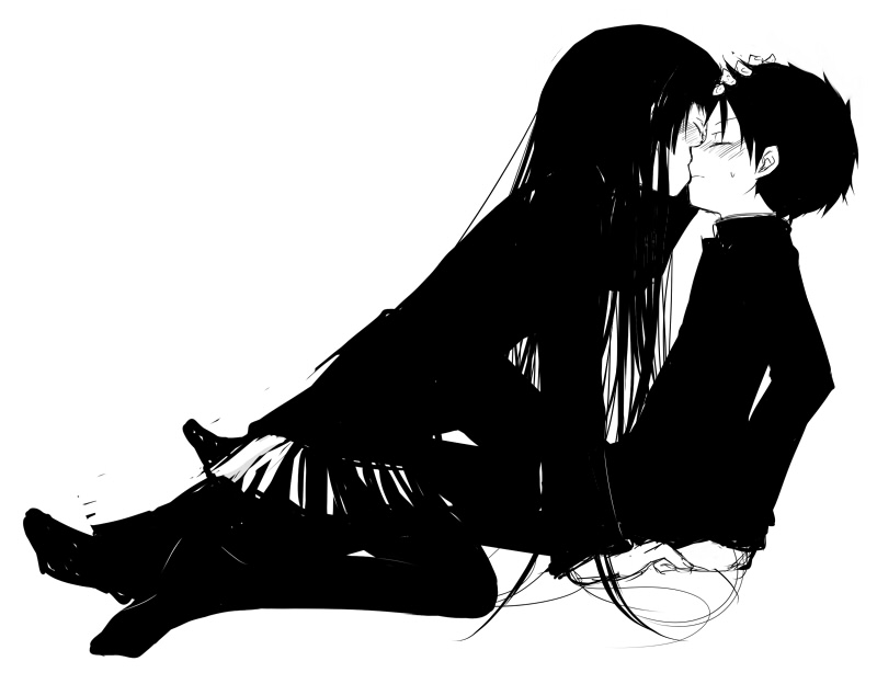 shima tokio, female protagonist (houkago play), male protagonist (houkago play), houkago play, bad id, bad pixiv id, 1boy, 1girl, black hair, greyscale, hetero, kiss, long hair, monochrome, pantyhose, school uniform, short hair, skirt, very long hair