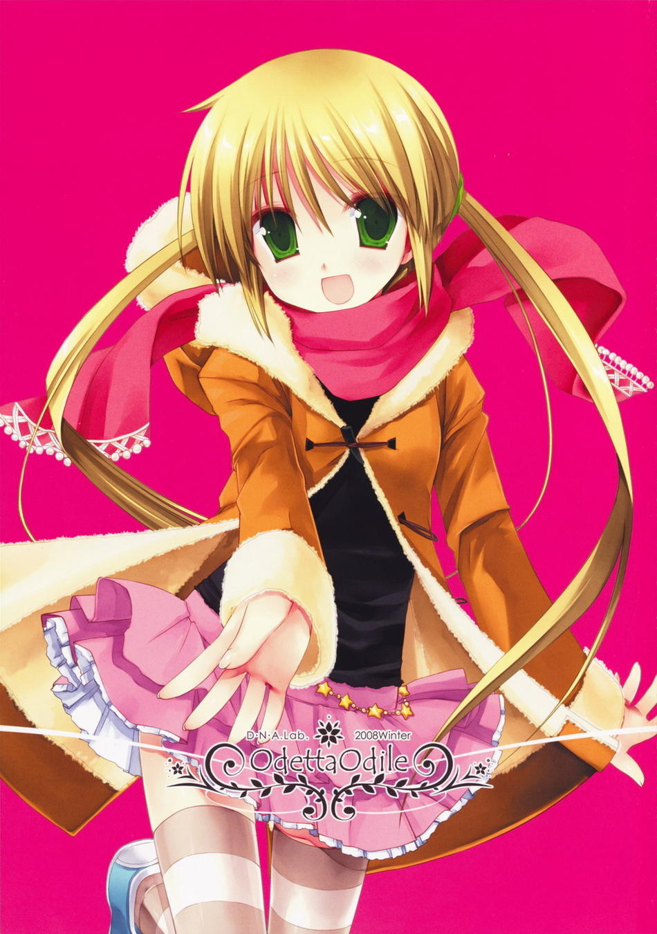 miyasu risa, sanzen'in nagi, hayate no gotoku!, striped legwear, highres, 00s, blonde hair, coat, green eyes, scarf, skirt, thighhighs, twintails