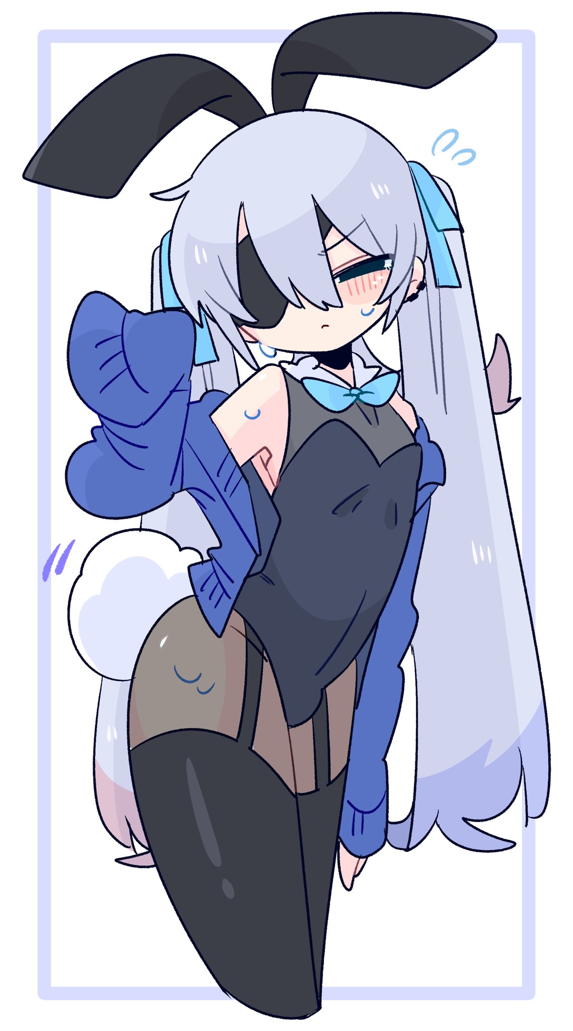 op na yarou, original, commentary, highres, 1boy, animal ear hairband, animal ears, arched back, armpits, bare shoulders, black eyes, black hairband, black leotard, black pantyhose, black thighhighs, blue bow, blue bowtie, blue cardigan, blue eyes, blue hair, blush, bow, bowtie, cardigan, collarbone, colored tips, covered navel, cowboy shot, crossdressing, crossdressing (mtf), detached collar, double-parted bangs, earclip, eyepatch, fake animal ears, fake tail, flipped hair, flying sweatdrops, frown, furrowed brow, garter straps, hair between eyes, hair bow, hairband, hand up, highleg, highleg leotard, leotard, long hair, long sleeves, looking at viewer, male focus, male playboy bunny, multicolored hair, narrowed eyes, no nose, off shoulder, one eye covered, open cardigan, open clothes, pantyhose, playboy bunny, quad tails, rabbit ear hairband, rabbit ears, rabbit tail, red hair, rigel (op na yarou), sidelocks, simple background, sleeves past fingers, sleeves past wrists, solo, standing, straight hair, sweat, tail, thighhighs, trap, very long hair, watermark, white background, white hair