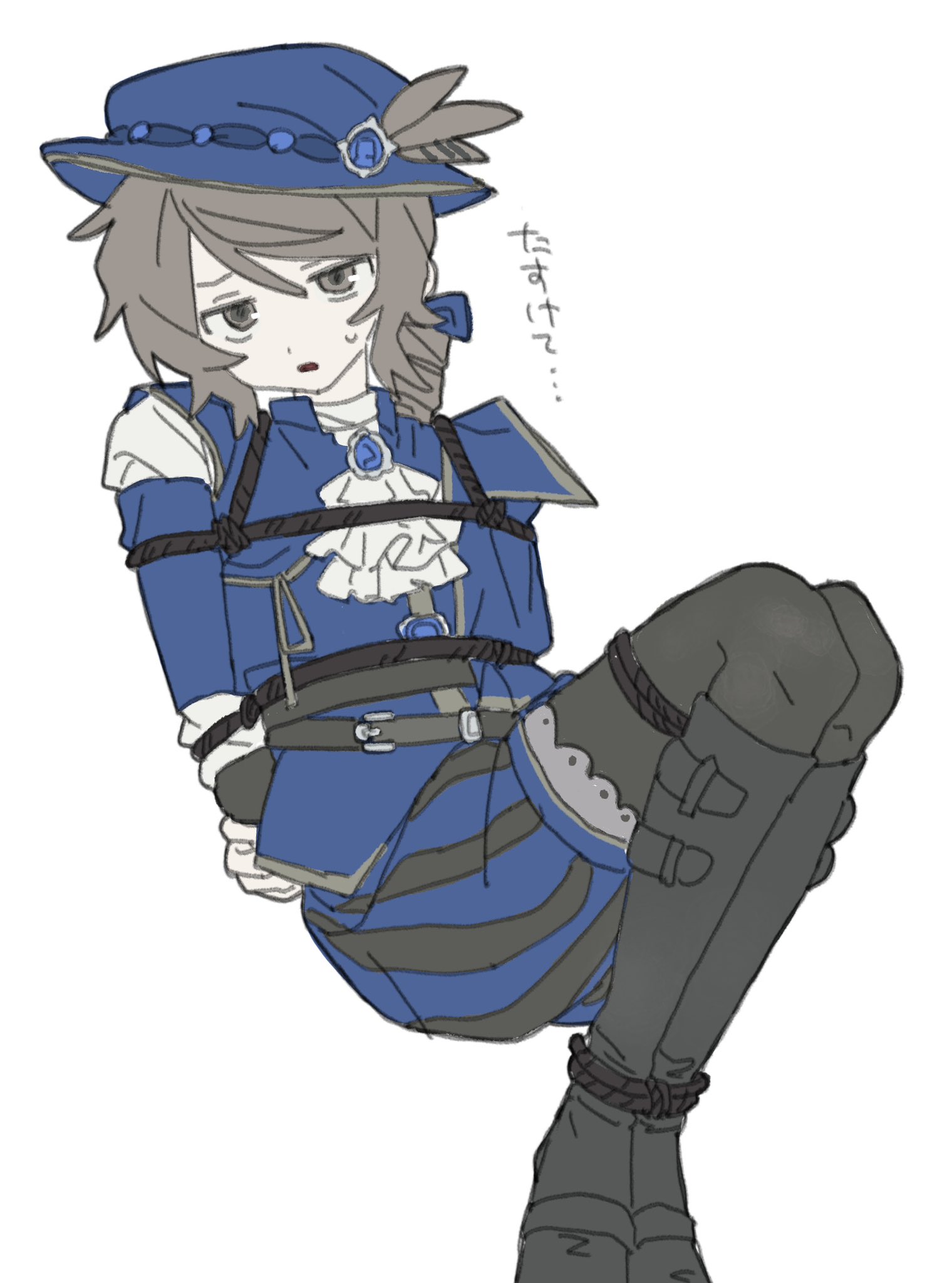 u0el t, edgar valden, edgar valden (runaway), identity v, highres, 1boy, arms behind back, ascot, black pantyhose, blue jacket, blue shorts, boots, bound, bound arms, bound legs, brown hair, full body, green eyes, hat, hat feather, jacket, knee boots, long sleeves, looking at viewer, male focus, open mouth, pantyhose, rope, shorts, simple background, tied up (nonsexual), white ascot, white background