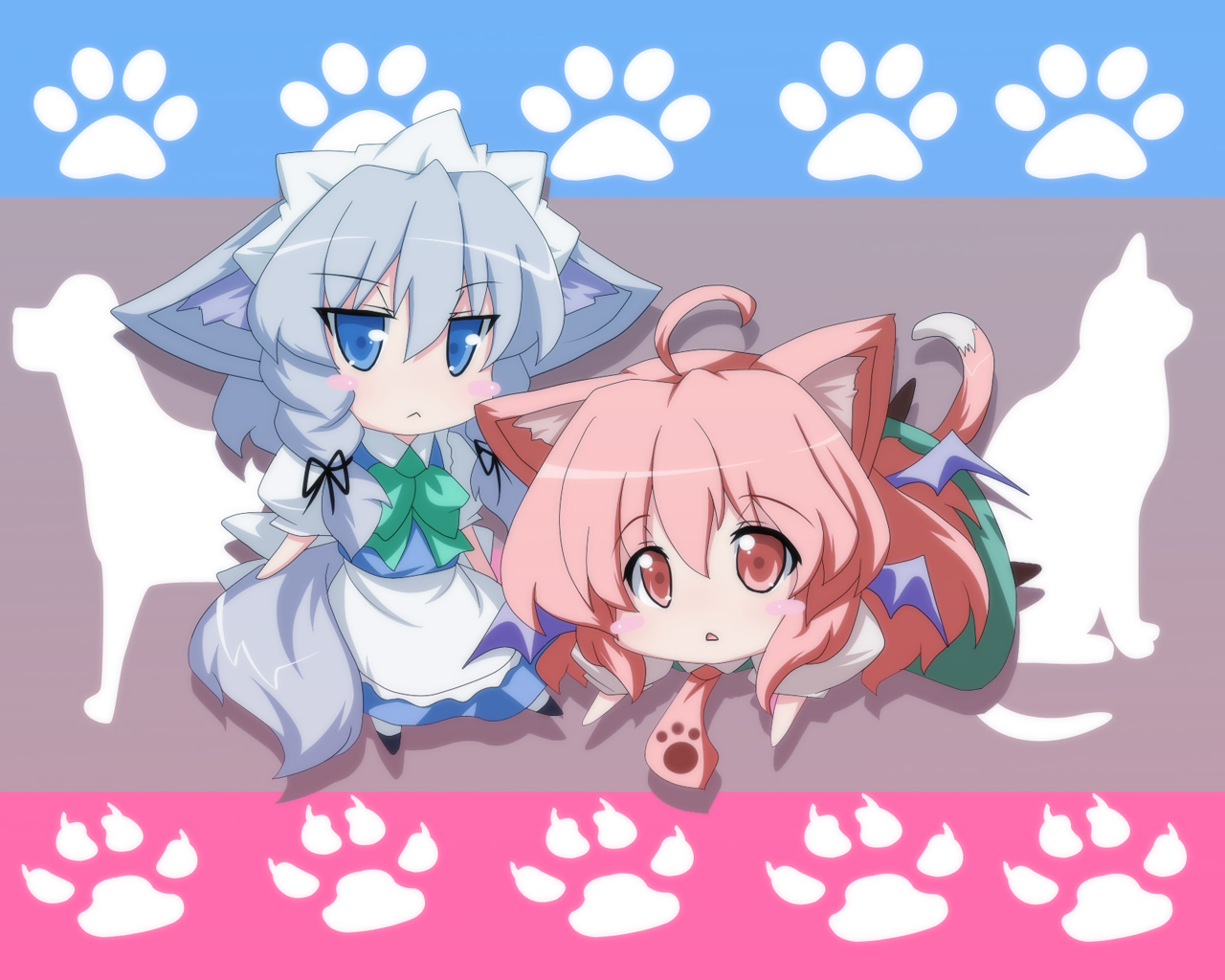 oborotsuki kakeru, inu sakuya (nejikirio), izayoi sakuya, koakuma, embodiment of scarlet devil, touhou, silver hair, 2girls, :<, ahoge, animal ears, apron, blue eyes, blush stickers, braid, cat, cat ears, cat tail, chibi, dog, dog ears, dog tail, dress shirt, female focus, kemonomimi mode, long hair, long sleeves, maid, maid apron, maid headdress, multiple girls, necktie, paw print, red eyes, red hair, shirt, short hair, silhouette, skirt, skirt set, tail, twin braids, vest, waist apron