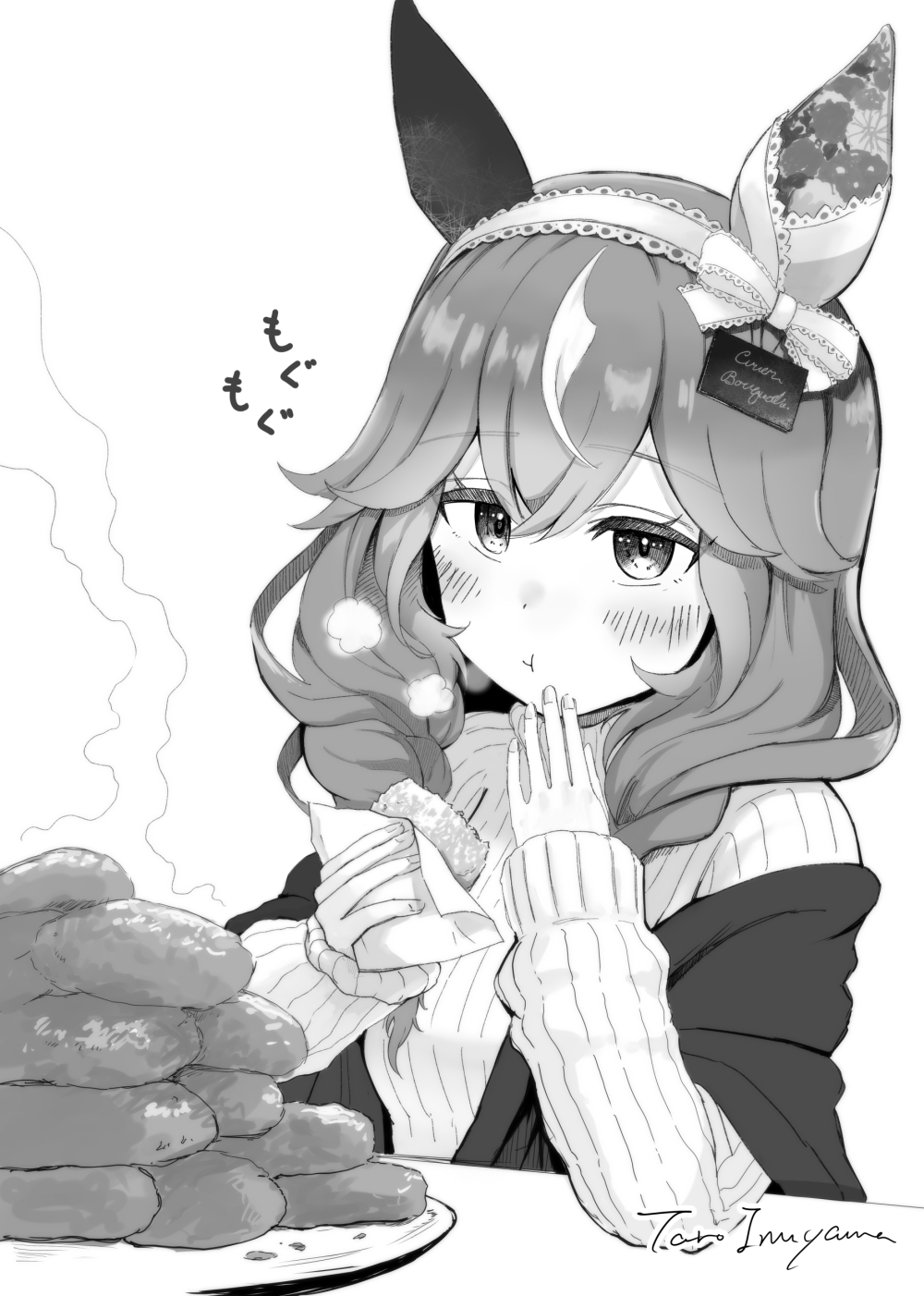 inuyama tarou, curren bouquetd'or (umamusume), umamusume, commentary request, highres, 1girl, animal ears, artist name, blush, braid, breasts, closed mouth, collarbone, eating, food, greyscale, hair ornament, hairband, horse ears, horse girl, long hair, looking at viewer, low twin braids, monochrome, small breasts, sweater, table, twin braids