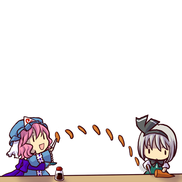 socha, konpaku youmu, saigyouji yuyuko, touhou, 2girls, :d, carrot, chibi, chopsticks, cleaver, cooking, cutting, female focus, food, hat, multiple girls, open mouth, simple background, smile, soy sauce