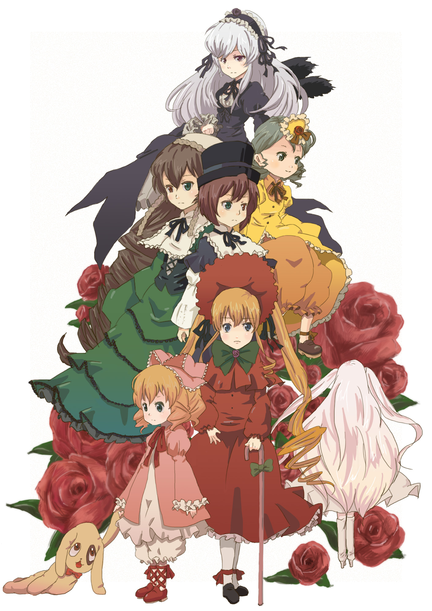 fujihara, hinaichigo, kanaria, kirakishou, kunkun, shinku, souseiseki, suigintou, suiseiseki, rozen maiden, silver hair, highres, 00s, 6+girls, blonde hair, blue eyes, boots, bow, brown eyes, brown hair, cane, dress, drill hair, flower, frills, green eyes, green hair, hair ornament, hairband, hat, heterochromia, long hair, multiple girls, pink bow, pink hair, purple eyes, rose, short hair, stuffed animal, stuffed toy, wings
