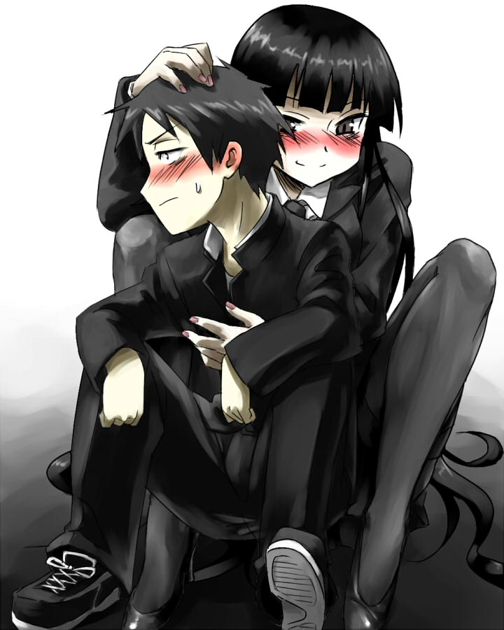 nathaniel pennel, pennel, female protagonist (houkago play), male protagonist (houkago play), houkago play, 1boy, 1girl, black eyes, black hair, blush, hetero, holding, hug, long hair, nail polish, necktie, pantyhose, pink nails, school uniform, thighband pantyhose, very long hair