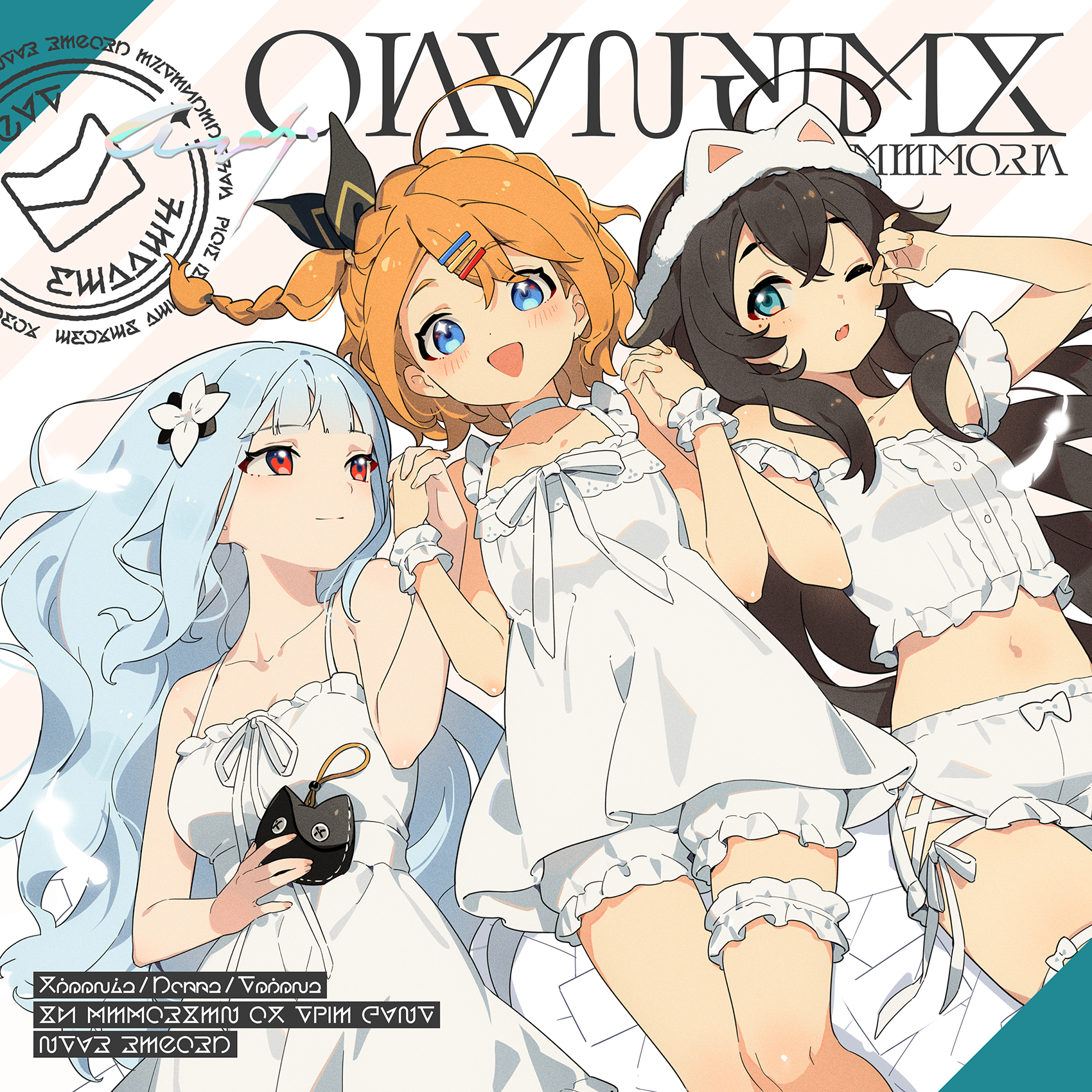 freesia (stella sora), teresa (stella sora), stella sora, game cg, highres, non-web source, official art, 3girls, :d, ahoge, album cover, aqua eyes, bare shoulders, black hair, bloomers, blue eyes, blue hair, blunt bangs, blush, braid, breasts, camisole, collarbone, cover, crown braid, donna (stella sora), dress, hair ornament, hairclip, headband, holding hands, long hair, looking at another, looking at viewer, lying, medium breasts, midriff, multiple girls, navel, official alternate costume, on back, one eye closed, open mouth, orange hair, parallel hairclips, post haste (stella sora), red eyes, short hair, side braid, sidelocks, sleeveless, sleeveless dress, smile, underwear, very long hair, wavy hair, white bloomers, white camisole, white dress, white headband