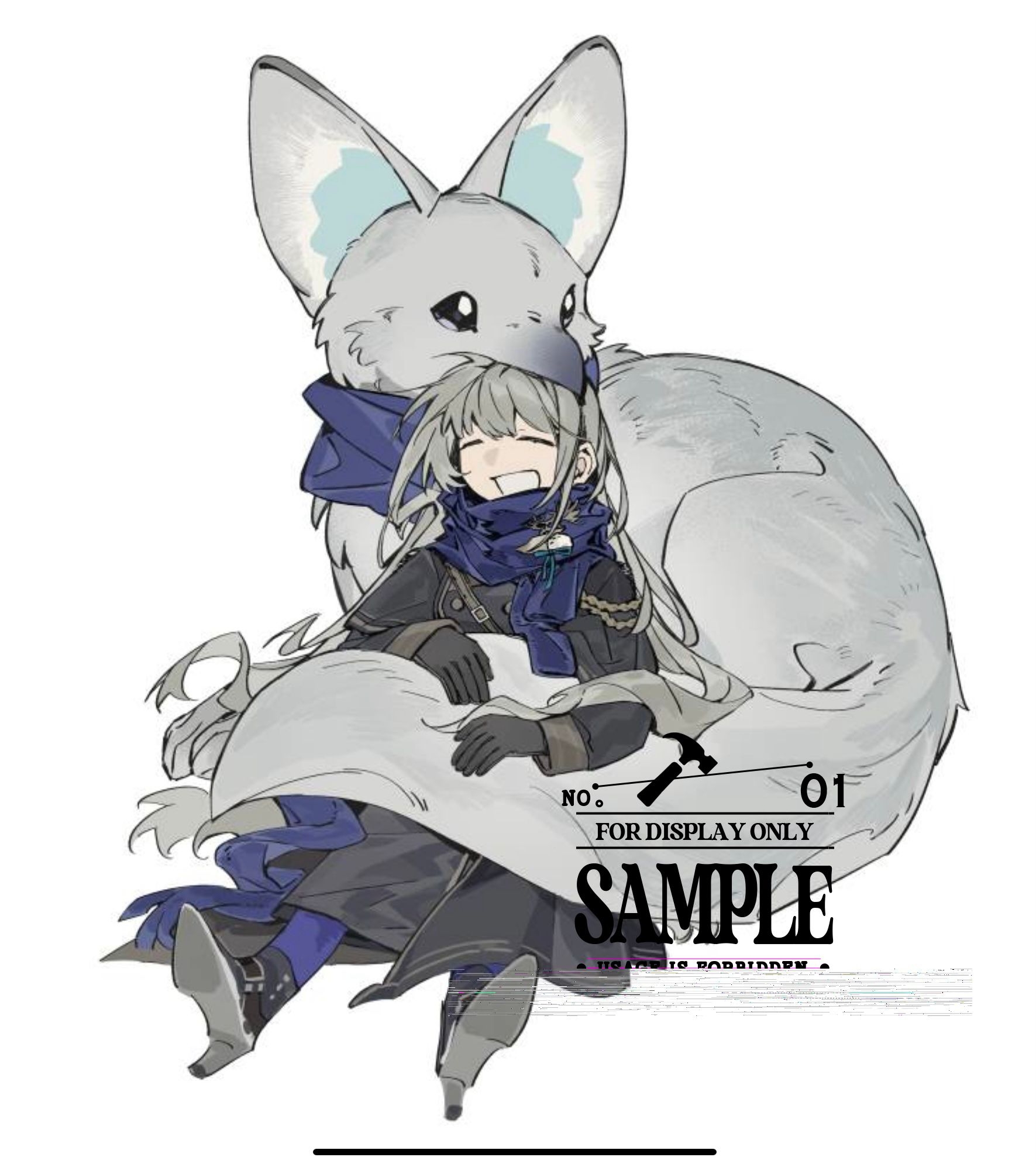 ein (einnnn), bkornblume, reverse:1999, highres, 1girl, animal, ankle boots, black boots, black coat, black gloves, blue neckerchief, blue pantyhose, blue scarf, boots, closed eyes, coat, fennec fox, full body, gloves, grey hair, high heels, leaning on animal, long hair, neckerchief, open mouth, oversized animal, pantyhose, sample watermark, scarf, sitting, smile, solo, watermark