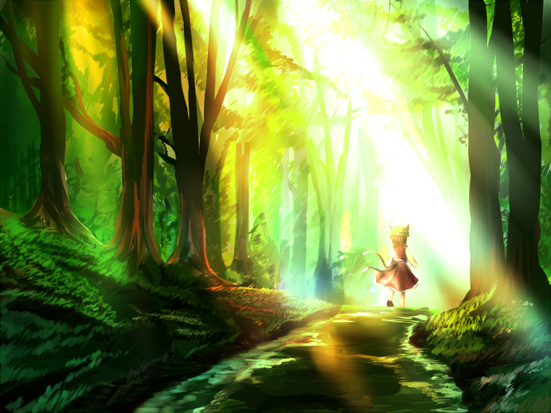 yuna gram, yunagram, chen, touhou, bad id, bad pixiv id, 1girl, animal ears, cat ears, cat girl, cat tail, female focus, forest, hat, nature, solo, tail
